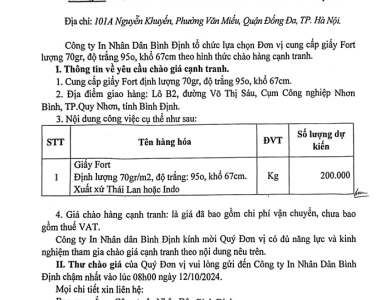 Thư mời chào giá cạnh tranh: V/v lựa chọn đơn vị cung cấp giấy Fort 70gr khổ 67