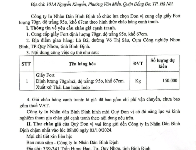 Thư mời chào giá cạnh tranh: V/v lựa chọn đơn vị cung cấp giấy Fort định lượng 70gr/m2 khổ 67cm