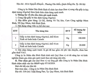 Thư mời chào giá cạnh tranh: V/v lựa chọn đơn vị cung cấp giấy in báo định lượng 45gr/m2 