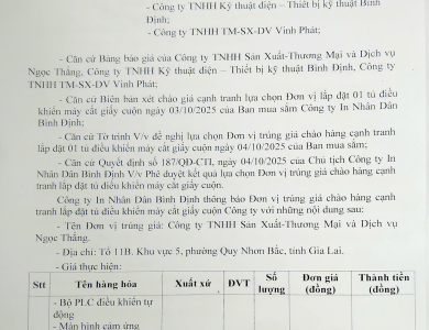 Thông báo V/v trúng giá chào hàng cạnh tranh lắp đặt tủ điều khiển máy cắt giấy cuộn ngày 05/10/2025