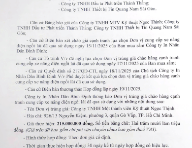 Thông báo V/v trúng giá chào hàng cạnh tranh cung cấp xe nâng điện ngồi lái đã qua sử dụng ngày 19/11/2025