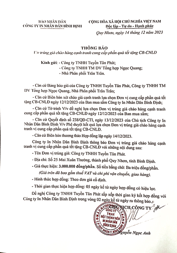 Thông báo trúng giá chào hàng cạnh tranh cung cấp phần quà tết tặng CB-CNV